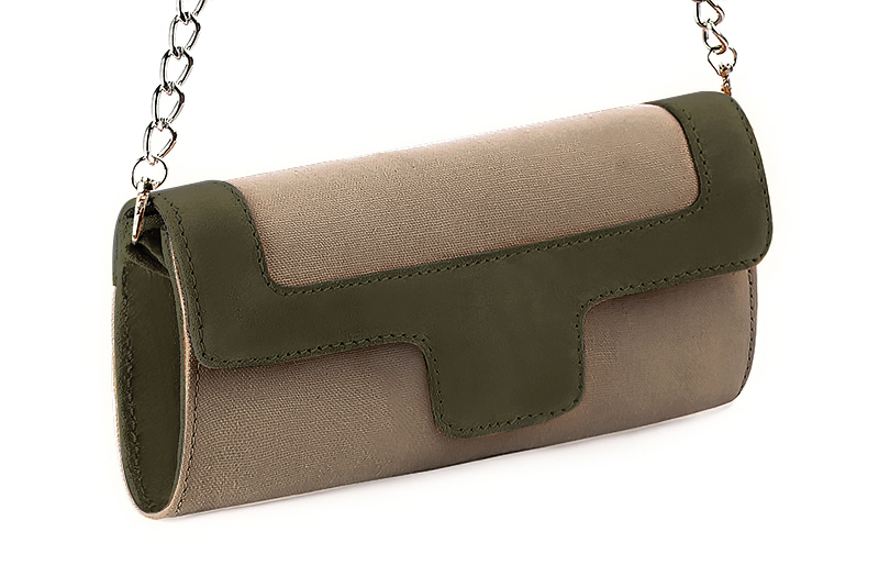 Women's tan beige and khaki green luxurious elegant clutch for ceremonies, weddings and evenings out. - Front view